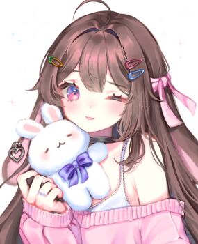 1girl ahoge animal_ears black_choker bra carrot_hair_ornament center-flap_bangs choker commentary double-parted_bangs earrings english_commentary floppy_ears food-themed_hair_ornament hair_intakes hair_ornament hair_ribbon hairclip hand_up heart heart_earrings highres jewelry loltinami long_sleeves multicolored_eyes off-shoulder_sweater off_shoulder one_eye_closed parted_lips pink_ribbon pink_sweater rabbit_ears rabbit_girl ribbon ring simple_background sleeves_past_wrists smile solo stuffed_animal stuffed_rabbit stuffed_toy sweater tinami_(vtuber) two-tone_eyes underwear upper_body vdonburi white_background white_bra