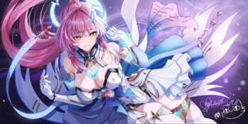 Rule 34 | 1girl, aemeath (wuthering waves), bare shoulders, breasts, character name, cleavage, commentary, covered navel, elbow gloves, gloves, hair ornament, hands up, highres, large breasts, leotard, long hair, looking at viewer, mole, mole on shoulder, nicky w, orange eyes, pink hair, smile, solo, star-shaped pupils, star (symbol), symbol-shaped pupils, tacet mark (wuthering waves), thigh gap, thighs, white gloves, white leotard, wuthering waves