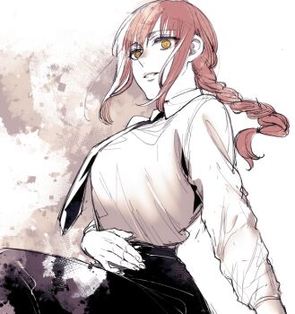 1girl alternate_breast_size_(larger) black_necktie braid braided_ponytail breasts chainsaw_man commentary_request hachiya_nanao huge_breasts makima_(chainsaw_man) necktie parted_lips red_hair ringed_eyes sidelocks single_braid sitting smile solo yellow_eyes