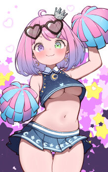 1girl adapted_costume ahoge arm_up bare_shoulders black-framed_eyewear blue_skirt blush bob_cut breasts candy_hair_ornament cheerleader closed_mouth commentary_request crescent crescent_earrings crescent_print crop_top crown earrings eyewear_on_head food-themed_hair_ornament gluteal_fold gradient_hair green_eyes hair_ornament hairclip heart heart-shaped_eyewear heterochromia highres himemori_luna himemori_luna_(sundress) hololive jewelry kani_bonara large_breasts looking_at_viewer medium_hair midriff mini_crown miniskirt multicolored_hair navel pink_eyes pink_hair pleated_skirt pom_pom_(cheerleading) purple_hair skirt smile solo standing star_(symbol) star_print star_symbol_background stomach sunglasses thighs underboob virtual_youtuber