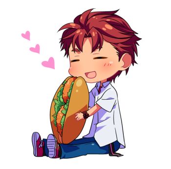 1boy :d ^_^ belt blue_pants chuo_tanegashima_high_school_uniform closed_eyes deformed dress_shirt food full_body heart holding holding_food ikuhashi_muiko male_focus open_mouth pants red_shirt red_shoes robotics;notes sandwich school_uniform science_adventure shirt shirt_under_shirt shoes short_hair simple_background smile sneakers solo t-shirt white_shirt yashio_kaito