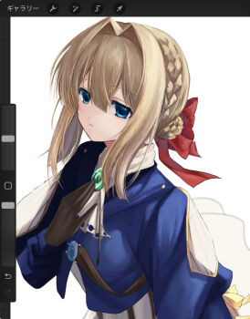 1girl art_program_in_frame ascot blonde_hair blue_eyes blue_jacket braid braided_bun brooch brown_gloves crown_braid dot_nose dress gem gloves green_gemstone hair_between_eyes hair_bun hair_intakes hair_ribbon hand_on_own_chest highres jacket jewelry long_sleeves looking_afar nemu_(zutto_oyasu3) parted_lips puffy_sleeves red_ribbon ribbon short_hair solo violet_evergarden violet_evergarden_(series) white_ascot white_dress