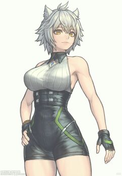 1girl animal_ear_fluff animal_ears bare_shoulders black_gloves breasts cat_ears chest_jewel commentary core_crystal_(xenoblade) fingerless_gloves gloves gofelem grey_background grey_hair hand_on_own_hip large_breasts lips na&#039;el_(xenoblade) pink_lips simple_background sleeveless smile solo thighs xenoblade_chronicles_(series) xenoblade_chronicles_3 xenoblade_chronicles_3:_future_redeemed
