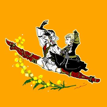 Rule 34 | 1boy, 1girl, armored boots, black boots, black coat, black gloves, blonde hair, boots, breasts, closed mouth, coat, covered eyes, eye mask, final fantasy, final fantasy xiv, fingerless gloves, full body, gloves, hand up, hyur, jacket, jumping, lalafell, mask, medium breasts, mochi (hanamaruudondesu), orange background, papalymo totolymo, parted lips, red boots, red shirt, shirt, shoes, short hair, smile, thigh boots, white jacket, white shoes, yda hext