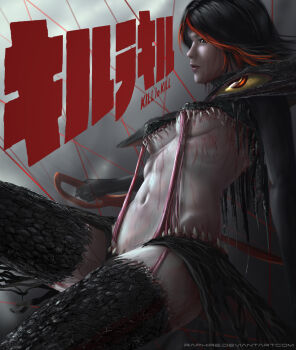 1girl absurdres black_hair blood breasts creature highres holding holding_sword holding_weapon horror_(theme) kill_la_kill matoi_ryuuko medium_breasts medium_hair multicolored_hair navel raphire realistic red_hair senketsu solo sword teeth two-tone_hair weapon