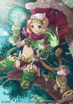 1girl banana brown_gloves closed_mouth copyright_notice fire food fruit gloves green_fire green_tube_top holding holding_food holding_fruit in_tree kei_s01 looking_at_viewer momozaru_(wixoss) monkey monkey_girl monkey_tail official_art short_hair sitting sitting_in_tree smile solo strapless tail tongue tongue_out tree tube_top wixoss