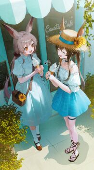 2girls :d ^_^ amiya_(arknights) animal_ear_fluff animal_ears arknights awning bag bare_shoulders blue_bow blue_choker blue_dress blue_skirt bow breasts brown_hair brown_shoes cafe chalkboard choker closed_eyes commentary door dot_nose double-parted_bangs dress dress_shirt flower food frilled_shirt frills from_above full_body gy1966 hair_between_eyes hair_intakes hair_ornament hair_scrunchie hat hat_flower highres holding holding_food holding_ice_cream holding_ice_cream_cone ice_cream ice_cream_cone jewelry kneehighs light_blush long_hair long_sidelocks mary_janes medium_skirt menu_board multiple_girls off-shoulder_shirt off_shoulder open_mouth orange_eyes plant ponytail potted_plant puffy_short_sleeves puffy_sleeves rabbit_ears rabbit_girl ribbon ring sandals satchel scrunchie shirt shirt_tucked_in shoes short_sleeves sidelocks signature skirt sleeve_ribbon small_breasts smile socks spaghetti_strap standing straw_hat sunflower teeth thigh_strap toes upper_teeth_only very_long_hair vines warmy_(arknights) white_ribbon white_socks wing_collar
