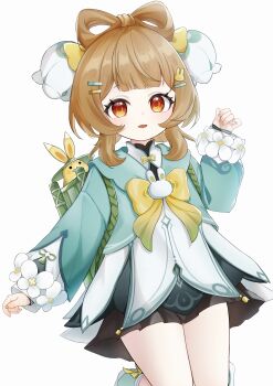 Rule 34 | 1girl, absurdres, blue dress, blunt bangs, blush, bow, bow-shaped hair, brown hair, commentary request, dress, genshin impact, hand up, highres, iroha (mimi0618xx), layered dress, long sleeves, looking at viewer, official alternate costume, orange eyes, parted lips, short hair with long locks, simple background, solo, white background, yaoyao (genshin impact), yaoyao (rainlit bamboo reverie) (genshin impact), yellow bow, yuegui (genshin impact)