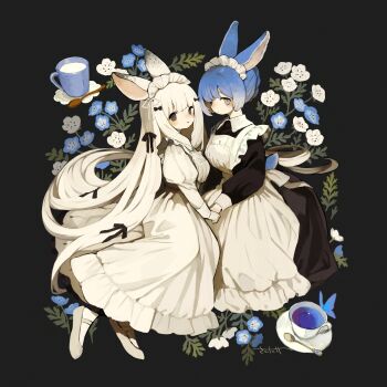 2girls absurdres animal_ears apron black_background black_dress blue_flower blue_hair braid commentary_request crown_braid cup dress fern flower grey_eyes highres holding_hands long_hair long_sleeves looking_at_viewer maid_headdress multiple_girls original rabbit_ears sakutake_(ue3sayu) saucer shoes signature simple_background smile spoon teacup very_long_hair white_apron white_dress white_flower white_hair white_shoes