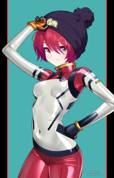 1girl absurdres adapted_costume adjusting_clothes adjusting_headwear amate_yuzuriha beanie black_bodysuit bodysuit breasts commission covered_navel green_background green_eyes gundam gundam_gquuuuuux hand_on_own_hip hat highres latex latex_bodysuit looking_at_viewer maguro27 mecha_pilot_suit multicolored_bodysuit orange_bodysuit pillarboxed pixiv_commission red_bodysuit red_hair shiny_clothes short_hair skin_tight small_breasts solo white_bodysuit