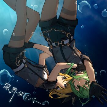 2girls arm_up black_gloves black_shorts blonde_hair blue_eyes closed_mouth commentary_request frown gloves green_eyes green_hair grey_pantyhose grey_shirt gumi hand_on_another's_shoulder highres kagamine_rin multiple_girls office_lady pantyhose shinkai_diver_(vocaloid) shirt short_hair short_sleeves shorts suspenders thighband_pantyhose vocaloid wounds404