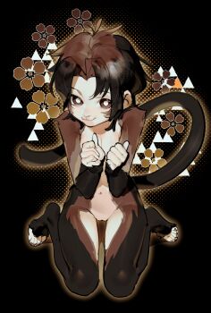 1girl animal_ears barefoot black_background black_hair brown_eyes brown_hair commentary english_commentary flat_chest flower hands_up highres looking_at_viewer monkey_ears monkey_girl monkey_tail multicolored_hair original parted_bangs pita-potato pussy short_hair sitting smile solo tail two-tone_hair