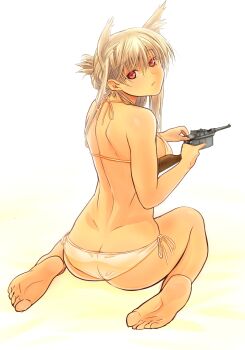 1girl animal_ears ass bad_id bad_pixiv_id barefoot bikini feet female_focus fox_ears from_behind full_body grey_hair gun handgun highres long_hair looking_back mauser_c96 nude original pistol red_eyes sabaku_no_tanuki side-tie_bikini_bottom simple_background solo string_bikini swimsuit weapon white_background white_bikini