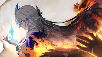 Rule 34 | 1girl, absurdres, bad link, bare shoulders, blue eyes, blue nails, bracelet, breasts, burnt paper, dress, earrings, fingernails, fire, game cg, hair between eyes, hair intakes, hair ornament, highres, honkai: star rail, honkai (series), jewelry, large breasts, long fingernails, long hair, looking at viewer, looking to the side, official art, paper, parted lips, peacock feathers, peacock feathers hair ornament, single earring, sleeveless, sleeveless dress, solo, white dress, white hair, yao guang (honkai: star rail)