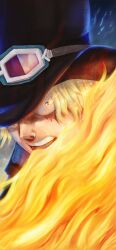 Rule 34 | 1boy, black hat, blonde hair, commentary, english commentary, fire, goggles, goggles on headwear, hat, highres, ksop, male focus, one piece, open mouth, sabo (one piece), scar, scar across eye, scar on face, short hair, solo, teeth, top hat