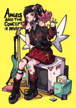 Rule 34 | 1girl, absurdres, alternate costume, arm warmers, bandaid, bandaid on leg, bandaid on shoulder, bare shoulders, belt, black arm warmers, black boots, black hair, black mask, black shirt, boots, bow, box, cardboard box, colored inner hair, commentary, cross, cross necklace, electric guitar, english commentary, english text, green bow, guitar, hair bow, highres, instrument, jewelry, looking at viewer, mask, mask pull, mouth mask, mujib, multicolored hair, multiple hair bows, multiple rings, nangong yu, necklace, open mouth, pink bow, red arm warmers, red eyes, red skirt, ring, shirt, short twintails, single arm warmer, sitting, skirt, solo, striped arm warmers, twintails, two-tone arm warmers, waving, white wings, wings, yellow background, zenless zone zero