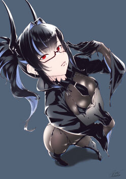 1girl absurdres adjusting_eyewear arm_up bahamut_(nikke) bikini black_bikini black_boots black_gloves black_hair black_jacket black_liquid black_necktie bodystocking book book_on_breasts boots breasts chikuden closed_mouth commentary_request cropped_jacket ear_piercing foreshortening from_above full_body glasses glint gloves goddess_of_victory:_nikke grey_background grey_hair hair_between_eyes hair_intakes half_gloves highres holding holding_book horns jacket liquid_clothes long_sleeves looking_at_viewer medium_breasts mole mole_under_eye multicolored_hair necktie piercing ponytail red_eyes see-through_cleavage see-through_clothes shadow sidelocks signature simple_background solo standing swimsuit thigh_boots two-tone_hair