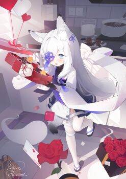 Rule 34 | 1girl, absurdres, animal ear fluff, animal ears, azur lane, balloon, blue eyes, blush, commentary request, flower, fox ears, fox girl, hair ornament, hair over one eye, highres, japanese clothes, kasumi (azur lane), kasumi 1118, long hair, open mouth, pov, pov hands, red flower, red rose, rose, solo focus, standing, standing on one leg, tail, thighhighs, valentine, white hair, white thighhighs