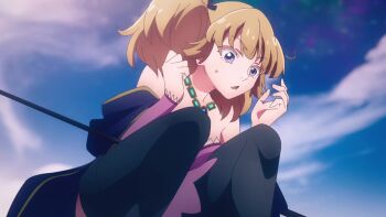 1boy 2girls animated anime_screenshot black_thighhighs blonde_hair blue_eyes blush breasts cape cleavage collarbone dress face_in_crotch highres jewelry kekkon_yubiwa_monogatari morion_ravri_nokanatika multiple_girls necklace nonaka_himeno open_mouth panties pants pink_dress pink_panties satou_haruto school_uniform shirt siblings sisters skirt sound tagme thighhighs thighs twintails underwear video white_shirt