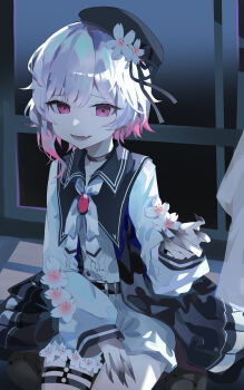 1girl absurdres bei_lun_bu_huale_y beret black_dress black_hat brooch cherry_blossoms chinese_commentary claws colored_extremities commentary_request cowboy_shot dress empty_eyes fang flower gradient_hair hat highres jewelry long_sleeves looking_at_viewer mahou_shoujo_no_majo_saiban multicolored_hair neck_ribbon o-ring o-ring_thigh_strap open_mouth pink_eyes ribbon sakuraba_ema shirt short_hair shorts sitting smile solo spoilers thigh_strap white_flower white_hair white_ribbon white_shirt white_shorts window witch_(manosaba)