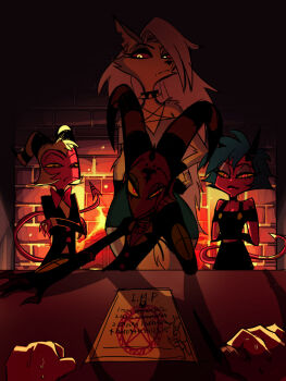 2girls 3boys black_hair blitzo_(helluva_boss) chimney colored_skin demon_boy demon_girl demon_horns demon_tail dog_girl fire furry furry_female glowing glowing_eyes hellaverse helluva_boss horns looking_at_viewer loona_(helluva_boss) make_a_contract millie_(helluva_boss) moxxie_(helluva_boss) multiple_boys multiple_girls red_skin sitting tail vxtu7432 white_hair yellow_eyes