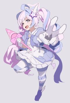 1girl absurdres ahoge blue_archive blue_hair dress full_body gloves grey_background gya_rb highres holding holding_wand looking_at_viewer multicolored_hair open_mouth pantyhose pink_hair reisa_(blue_archive) reisa_(magical)_(blue_archive) simple_background smile solo standing standing_on_one_leg star-shaped_pupils star_(symbol) striped_clothes striped_pantyhose symbol-shaped_pupils twintails two-tone_hair v wand white_gloves