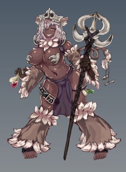 1girl animal_ears artist_request blush breasts brown_eyes cleavage dark-skinned_female dark_skin eyepatch fantasy female_focus female_orc grin high_orc_(monster_girl_encyclopedia) highres large_breasts monster_girl_encyclopedia navel orc pasties potion revealing_clothes smile solo staff tail udetamago very_dark_skin white_hair