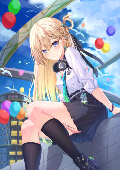 1girl absurdres balloon black_skirt black_socks blonde_hair blue_sky braid braided_bangs breasts closed_mouth commentary day earrings hair_between_eyes hair_ornament headphones headphones_around_neck highres id_card jewelry kong_ji long_hair looking_at_viewer lynae_(wuthering_waves) medium_breasts outdoors purple_eyes shirt shirt_tucked_in sitting skirt skull_hair_ornament sky smile socks solo star_(symbol) star_earrings tacet_mark_(wuthering_waves) white_shirt wuthering_waves