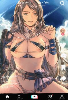 1girl alternate_costume asymmetrical_clothes asymmetrical_gloves belt bikini blue_sky braid breasts breasts_squeezed_together clive_rosfield detached_collar final_fantasy final_fantasy_xvi g-string gloves grey_hair gusty10rk hair_ribbon highres jill_warrick large_breasts leather_belt long_hair looking_at_viewer micro_bikini nipples ribbon see-through_clothes single_braid sitting sky solo_focus swimsuit thong tiktok