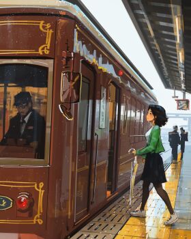 1boy 1girl black_hair black_hat black_jacket black_skirt breasts brown_pantyhose ceiling_light choker closed_eyes closed_umbrella collared_shirt commentary english_commentary facial_hair from_side full_body glasses green_jacket hat highres holding holding_umbrella jacket light_particles long_sleeves looking_ahead looking_down medium_breasts medium_skirt mustache open_clothes open_door open_jacket original overcast pantyhose peaked_cap sam_yang security_camera shirt shoes short_hair side-view_mirror skirt sky smile sneakers standing tile_floor tiles train train_driver train_station umbrella walking white_shirt white_shoes window windshield wing_collar