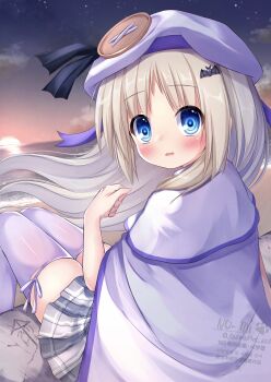 Rule 34 | 1girl, bat hair ornament, blue eyes, cape, floating hair, grey skirt, hair ornament, hat, highres, kud wafter, kudpoid (71139), little busters!, long hair, miniskirt, noumi kudryavka, open mouth, plaid clothes, plaid skirt, pleated skirt, sitting, skirt, solo, thighhighs, watermark, white cape, white hat, white thighhighs