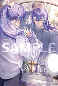 1boy aqua_eyes bishounen hair_tie_in_mouth hoshirube_sho indoors long_hair male_focus mirror mouth_hold multicolored_hair naruka_(ynarukay) nijisanji official_art otomo_(hoshirube_sho) ponytail purple_hair reflection sample_watermark sink solo streaked_hair sweater turtleneck turtleneck_sweater tying_hair virtual_youtuber watermark
