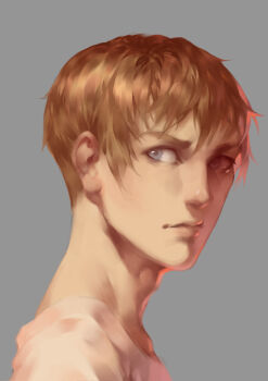 1boy brown_hair choppy_bangs closed_mouth commentary english_commentary grey_background grey_eyes looking_at_viewer looking_to_the_side lydialing_draws male_focus nose original portrait realistic short_hair simple_background sketch solo very_short_hair