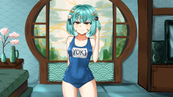 1girl alienmangap bandaid bandaid_on_face bed belly bow bug butterfly character_name commission hair_bow hair_ornament hair_ribbon highres inami_yoki indie_virtual_youtuber indoors insect knee_up knees_up looking_at_viewer name_tag navel one-piece_swimsuit ribbon school_swimsuit skull_hair_ornament smile solo standing swimsuit table virtual_youtuber window x_hair_ornament