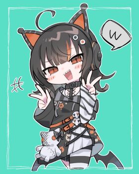 1girl :d ahoge animal_ear_headphones animal_ears belt black_hair black_sweater blunt_bangs cat_ear_headphones cat_ears chibi chibi_only commentary cowboy_shot cropped_legs double_w fake_animal_ears hands_up headphones highres long_hair long_sleeves looking_at_viewer mahou_shoujo_no_majo_saiban multicolored_hair open_mouth orange_eyes outline sasa_kichi sawatari_coco sharp_teeth skull slit_pupils smile solo speech_bubble standing streaked_hair stuffed_animal stuffed_cat stuffed_toy sweater symbol-only_commentary teeth w white_outline
