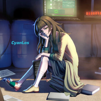 1girl absurdres asymmetrical_footwear blunt_bangs computer full_body green_eyes green_trim highres hiyajou_maho indoors jacket_over_dress kneehighs laptop long_hair long_sleeves looking_at_viewer messy_hair mismatched_footwear on_floor science_adventure sitting socks solo steins;gate steins;gate_0 tagme tushantin very_long_hair white_socks