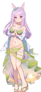 Rule 34 | 1girl, animal ears, bikini, bow, breasts, commentary request, ear bow, ear ribbon, full body, green bikini, green sarong, highres, horse ears, horse girl, horse tail, jacket, long hair, medium breasts, mejiro mcqueen (umamusume), purple eyes, purple hair, sandals, sarong, see-through clothes, see-through sarong, solo, striped bikini, striped clothes, swimsuit, tail, umamusume, white jacket, yomean!