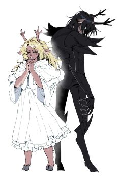 2girls animal_ears antlers armor black_armor black_hair black_vs_white blonde_hair closed_eyes december_holiday deer_antlers deer_ears deer_girl deltarune design_speculation dress female_focus freckles full_body furry furry_female highres horns knight lina_gtk long_hair multiple_girls noelle_holiday noelle_holiday_(dark_world) reindeer_girl roaring_knight siblings sisters utdr_(toby_fox) white_dress