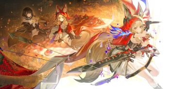 2girls absurdres animal_ear_fluff animal_ears apple arknights arknights:_endfield autumn_leaves black_gloves black_hair blonde_hair bread bright_pupils cape commentary dress dual_wielding ears_through_headwear ears_through_hood endministrator_(arknights) female_endministrator_(arknights) fingerless_gloves food fruit gloves highres holding holding_food holding_sword holding_weapon hood hood_up hooded_cape jewelry jeze leaf low-tied_sidelocks multiple_girls multiple_views necklace on_floor picnic picnic_basket picnic_blanket red_cape red_hood rossi_(arknights) seiza shoes sidelocks sitting star_(symbol) sword tail tooth_necklace untranslatable_commentary unworn_shoes weapon white_dress wolf_ears wolf_girl wolf_tail yellow_eyes