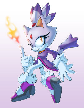 1girl absurdres animal_ears blaze_the_cat cat_ears cat_girl cat_tail fire fur-trimmed_gloves fur-trimmed_shoes fur_trim furry furry_female gloves highres jacket novika one_eye_closed pink_shoes purple_background purple_jacket pyrokinesis shoes simple_background smile sonic_(series) tail white_gloves yellow_eyes