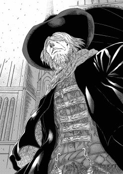 1boy 913kousatu absurdres beard blindfold bloodborne building commentary_request facial_hair father_gascoigne gehrman_the_first_hunter greyscale hat highres jacket male_focus monochrome open_clothes open_jacket shirt short_hair solo upper_body
