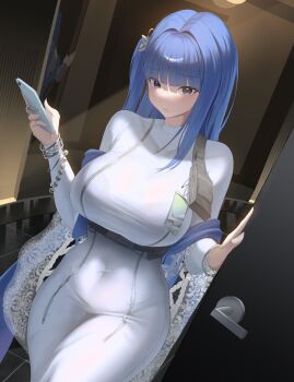 1girl arcana_(nikke) blue_eyes blue_hair blush breast_zipper breasts cellphone closed_mouth covered_navel doorway dress full-length_zipper goddess_of_victory:_nikke grey_eyes hair_intakes hair_ornament hashtag-only_commentary highres holding holding_phone large_breasts long_hair long_sleeves looking_at_viewer nightgown one_side_up phone sami_(ami12702752) silver_nails smartphone solo tight_clothes tight_dress very_long_hair white_dress white_nightgown zipper zipper_dress