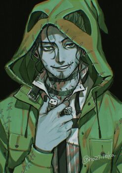 1boy 2f_sq absurdres bags_under_eyes beard_stubble belt_collar black_background black_nails breast_pocket centipede_tattoo cheekbones cocked_eyebrow collar collarbone colored_skin commentary_request cosplay dice drawstring earrings facial_hair film_grain green_eyes green_hair green_jacket grey_skin grin hand_up highres holding holding_dice hood hood_up hoop_earrings jacket jewelry jitome long_sleeves looking_at_viewer loose_hair_strand male_focus mature_eyes mature_male neck_tattoo oogie_boogie oogie_boogie_(cosplay) partially_unbuttoned patchwork_clothes pocket popped_collar scar scar_on_face scar_on_mouth shirt single_earring smile smirk solo straight-on stubble swing_(twisted_wonderland) tattoo the_nightmare_before_christmas twisted_wonderland twitter_username upper_body wavy_hair white_shirt