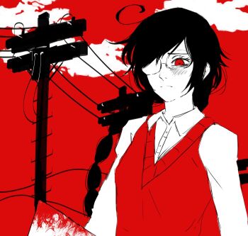 Rule 34 | 1girl, ahoge, blood, bloody weapon, braid, cleaver, closed mouth, cloud, collared shirt, commentary, english commentary, expressionless, funamusea, glasses, highres, holding, holding cleaver, holding weapon, hyuchl, katagiri mikari (funamusea), long hair, low twin braids, opaque glasses, outdoors, partially opaque glasses, power lines, red sky, red theme, round eyewear, shirt, sketch, sky, solo, twin braids, upper body, utility pole, very long hair, vest, weapon