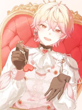 Rule 34 | blonde hair, brown gloves, candy, candy heart, commentary, earrings, food, fork, gloves, hand up, highres, holding, holding fork, jewelry, long sleeves, looking at viewer, orange eyes, project sekai, single earring, sitting, symbol-only commentary, tenma tsukasa, throne, yuuun857443
