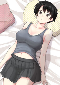 Rule 34 | 1girl, bare arms, bare shoulders, black hair, black skirt, breasts, brown eyes, collarbone, commentary request, cowboy shot, grey tank top, highres, large breasts, lying, meika-san wa oshikorosenai, midriff peek, navel, oka miyako, on back, parted lips, pillow, pleated skirt, polka dot, saitou shouki, shadow, short hair, skirt, solo, tank top, unmoving pattern