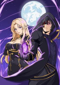 1boy 1girl alpha_(kage_no_jitsuryokusha_ni_naritakute!) blonde_hair breasts cleavage kage_no_jitsuryokusha_ni_naritakute! large_breasts long_hair pointy_ears purple_eyes