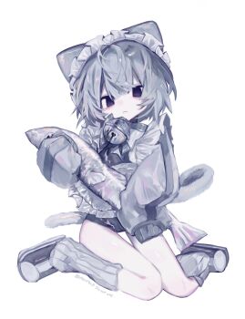 1girl :&lt; animal animal_ears apron apu_(aputto_9) bell black_eyes black_one-piece_swimsuit black_shoes bow bowtie cat_ears cat_tail fish full_body grey_sleeves highres holding holding_animal jingle_bell long_sleeves looking_at_viewer loose_socks maid_headdress muted_color one-piece_swimsuit original shoes short_hair simple_background sitting sleeves_past_fingers sleeves_past_wrists sneakers socks solo swimsuit tail twitter_username white_apron white_background white_bow white_bowtie white_socks