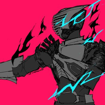 1boy armor bodysuit cowboy_shot electricity fighting_stance genc greyscale_with_colored_background helmet kamen_rider kamen_rider_ryuki kamen_rider_ryuki_(series) male_focus pink_background profile simple_background solo tokusatsu
