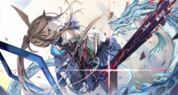 1girl amiya_(arknights) amiya_(guard)_(arknights) animal_ears arknights ascot bare_shoulders black_jacket blue_eyes blue_skirt brown_hair brown_pantyhose dragon eatos hair_between_eyes highres holding holding_sword holding_weapon infection_monitor_(arknights) jacket long_hair midriff open_clothes open_jacket pantyhose purple_ascot rabbit_ears rabbit_girl shirt skirt solo sword weapon white_shirt